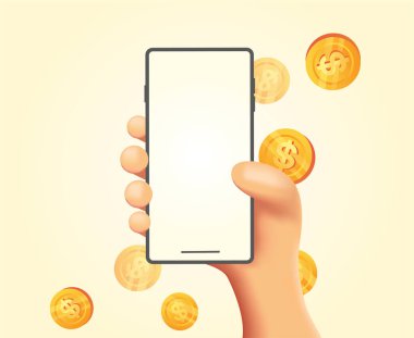 Altın sikke telefonun etrafına düşüp duruyor. Çevrimiçi para kavramı. Para transferi.