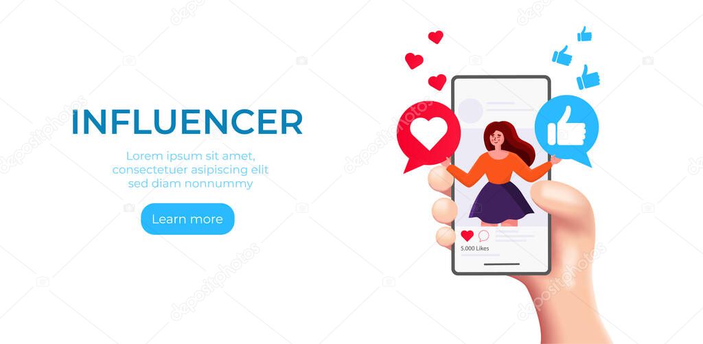 concept of illustration of women as social media influencers with 3d hand. Social media marketing, promotion, blogging, advertising, followers concept.