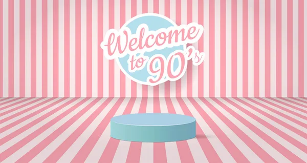 Pembe Çizgili Stüdyo. 90 'lara hoş geldin mesajı ve boş bir yer. Retro satış yeri konsepti. 3d podyum kavramı