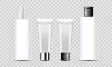 3D kozmetik konteynır seti. Gerçekçi kozmetik şişesi seti. Güzellik ürünleri paketi, spa kapları modelleme..