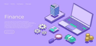 Finance concept landing page. Lap top with money and coin. Online money concept. Technology online banking. Money management concept. Vector illustration concept