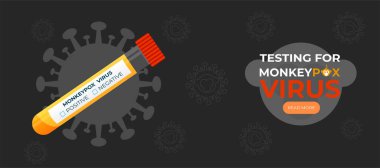 Monkeypox virus test banner. Diagnosis of antibodies to monkey pox in the blood. Test tube for blood. Positive or negative virus test. Vector illustration concept