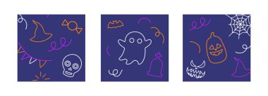 Halloween cover poster set background with cute scary elements. Ghost, bat, candy object. Broschure background. Vector illustration