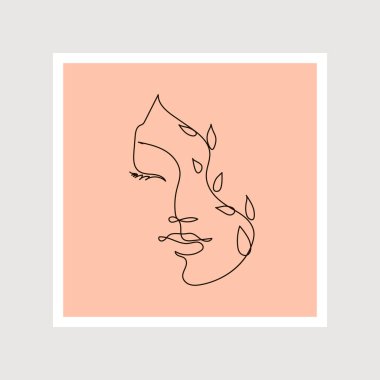 Modern abstract line minimalistic women faces poster arts set with different wall color, postcard or brochure cover design. Different woman faces. One line art. Vector illustrations design