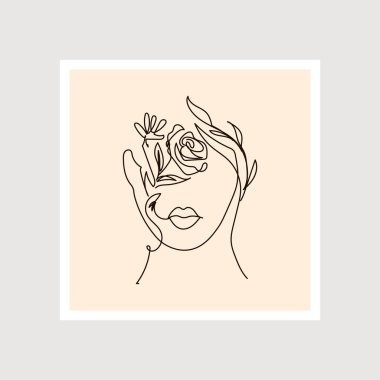 Modern abstract line minimalistic women faces poster arts set with different wall color, postcard or brochure cover design. Different woman faces. One line art. Vector illustrations design