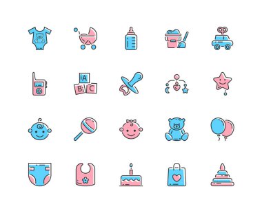 Babies line icon set. Baby toys, feeding and care elements. Gender party icons concept. Outline child icon. Vector illustration