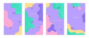 Abstract fluid poster set. Cute flyer for children Dynamic shapes on purple background for banner, cover, header, landing, social media. Vector illustration