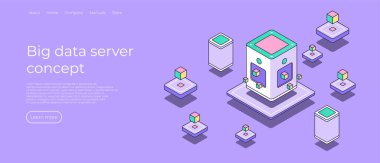 Big data server concept isometric. Data base technology. Server room. Blockchain concept. Abstract 3d data center, farming work station. Computer storage. Vector illustration