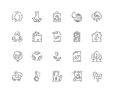 Ecology line icon set. Eco theme outline logo set. Green energy, eco idea, sun battery, dreen battery, trash recycle, eco factory, organic fuel. Vector illustration concept