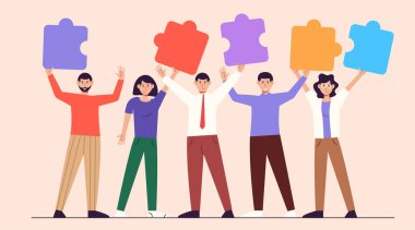 Teamwork concept. Office team with puzzle. Vector illustration