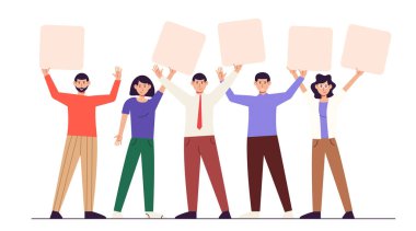 People hold blank placards. Office people. Happy men and women with empty paper boards showing, presenting, demonstrating advertisement, message. Vector illustrations isolated on white background