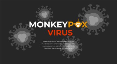 Monkeypox infection pandemic. Monkey Pox virus outbreak pandemic design with microscopic icon monkey virus. Vector black background.