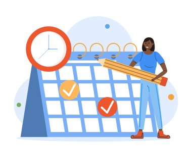 Woman with planning his work on calendar with clock. Business and organization concept. Vector illustration.