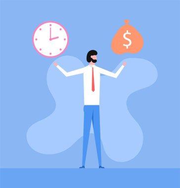 Time or money concept. Man doing choice clock or bag with money. Vector abstract scene