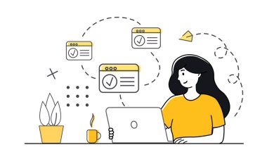 Multitascing concept. Woman with check mark in web window. Vector illustration concept on outline style