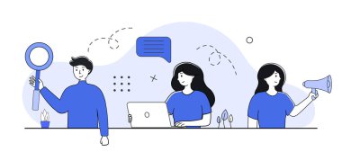 We hiring or job search concept. Outline character team search new workers. Looks on resume. Outline style vector illustration
