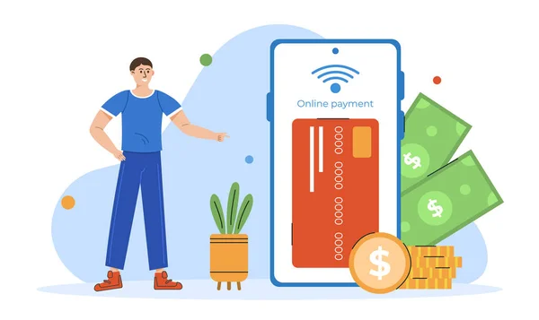 Online payment concept. Money tranfer, NFC payment. E-commerce market shopping online illustration with character. Vector illustration
