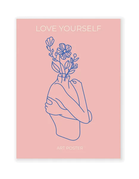 Love yourself poster. Woman hugging herself with hearts on pink background. Love your body concept. Vector line illustration