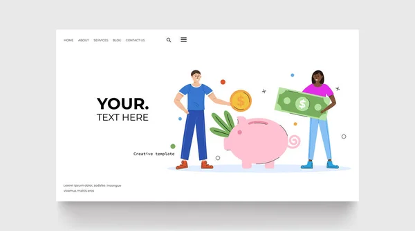 Money Saving Concept Landing Page Man Woman Money Standing Piggy — Stockvektor