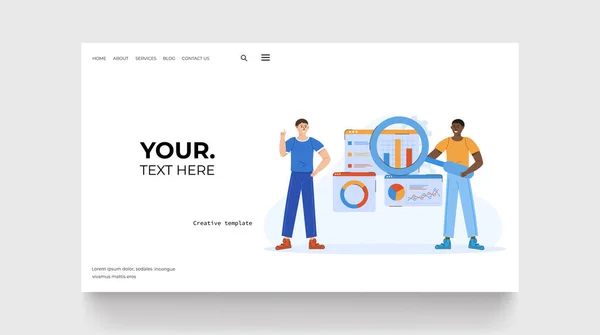 Business Analytics Concept Landing Page Two Man Standing Magnifying Glass — Stockvektor