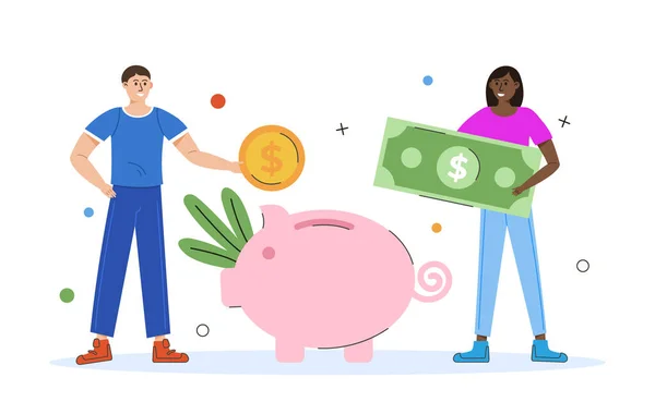 Money Saving Concept Young Man Woman Standing Aroung Piggy Bank — Stockový vektor