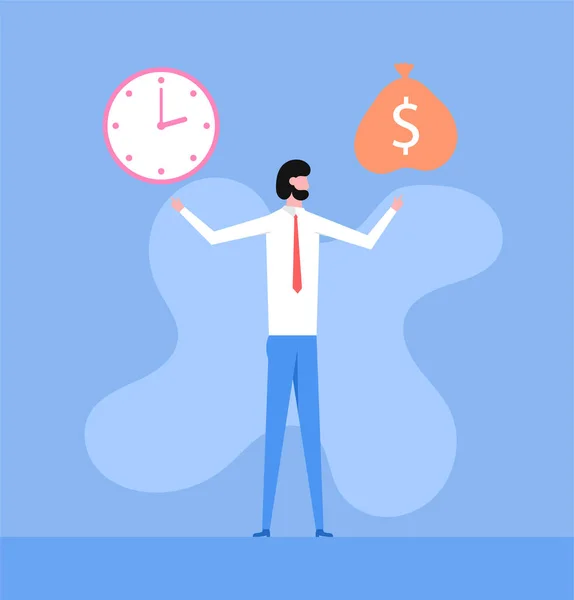 Time Money Concept Man Doing Choice Clock Bag Money Vector — Stockový vektor