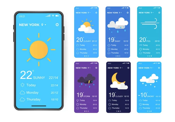 Weather Application User Interface Elements Realistic Smartphone Different Weather Vector — Διανυσματικό Αρχείο