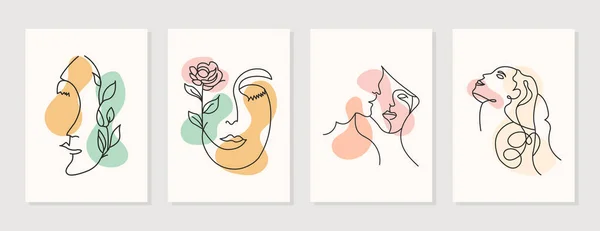 Modern soyut çizgi minimalist kadınlar, duvar dekorasyonu, kartpostal veya broşür kapağı tasarımı için farklı şekillerde sanat eserleriyle karşılaşıyorlar. Farklı kadın yüzleri. Bir satır sanat eseri. Vektör çizimleri tasarımı