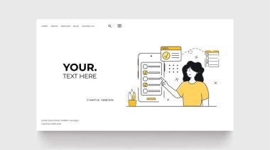 To do list landing page. Woman with Check list on mobile screen. Online app for time management