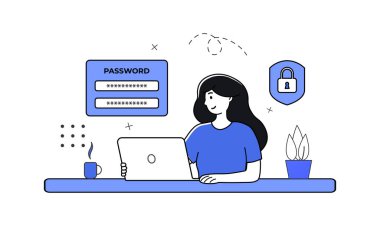 Woman protecting data privacy with password. Safe online work of business person with laptop flat vector illustration. Security, authentication concept for banner, website design or landing web page
