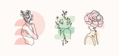 Modern soyut çizgi minimalist kadınlar, duvar dekorasyonu, kartpostal veya broşür kapağı tasarımı için farklı şekillerde sanat eserleriyle karşılaşıyorlar. Farklı kadın yüzleri. Bir satır sanat eseri. Vektör çizimleri tasarımı