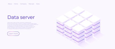 Data Server. Digital space. Data storage. Data processing center. Great date. Network or mainframe infrastructure website header layout Isometric vector illustration.
