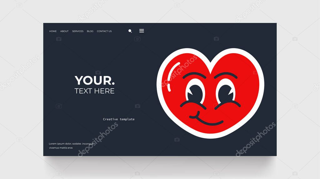 Retro landing page with heart on black background. 80's style cute element
