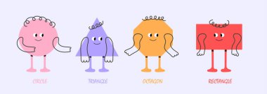 Yüz duyguları olan farklı Geometrik figürler ve elleri ve bacakları olan figür metinler. Çocuklar için el çizimi illüstrasyonu, kitap, özgeçmiş. Gülüşü ve saçı olan komik karakterler