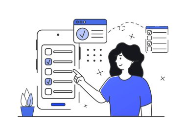 Çevrimiçi araştırma konsepti. Dijital test. Genç mutlu kadın cep telefonuyla test yapıyor. Vektör modern taslak biçimi