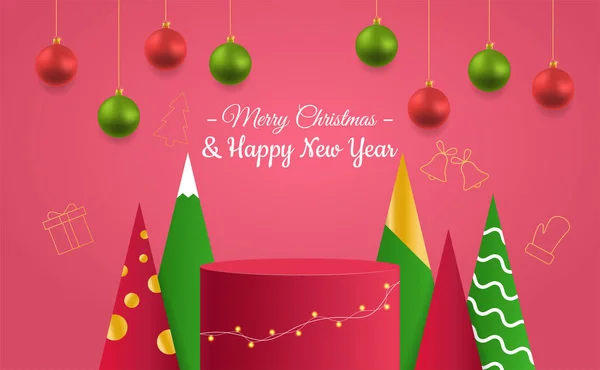 Mutlu noel indirimi poster afişi, ürün sergisi silindirik şekilli ve noel ağacı ve balosu, çelenk. Soyut gerçekçi 3D silindir kaide podyumu. Yeni yıl arkaplanı.