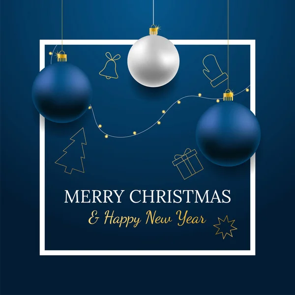 Mutlu Noeller ve mutlu yıllar vektör bayrağı. Gerçekçi altın ve mavi mücevherler, koyu mavi arka planda asılı kar taneleri ve gerçekçi çelenkler. Altın Noel simgesiyle arkaplan
