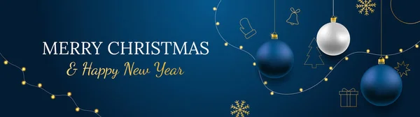 Mutlu Noeller ve mutlu yıllar vektör bayrağı. Gerçekçi altın ve mavi mücevherler, koyu mavi arka planda asılı kar taneleri ve gerçekçi çelenkler. Altın Noel simgesiyle arkaplan