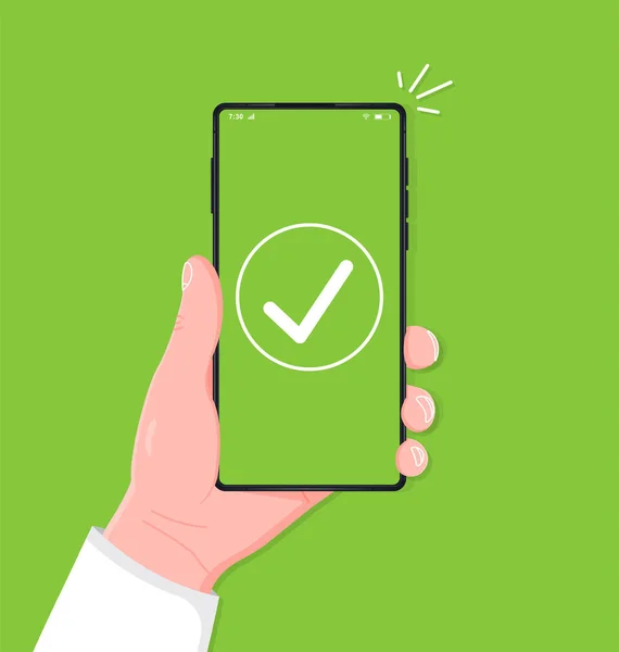 Operasyon başarılı. Cep telefonunu kontrol et. Kontrol işareti tebligatlı telefon. Mobil ekranda eylem, olumlu oy. Alınan mesaj, ödeme, belge gönderiliyor.