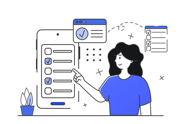 在线调查概念 数字测试 年轻快乐的女人在手机上做测试 矢量现代轮廓风格 — 图库矢量图片