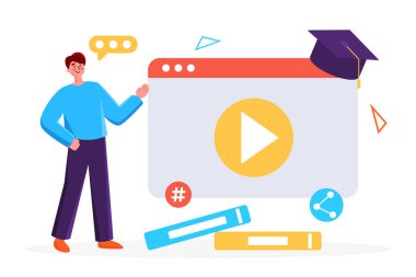 Çevrimiçi öğrenme kavramı. Genç mutlu adam ve kadın, penceresiz oyun düğmesi ile dikiliyorlar. Çevrimiçi eğitim, okul, e-öğrenme. Modern düz biçim üzerine vektör illüstrasyonu.