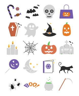 Cadılar Bayramı ikonu renkli, örümcek, sihirli şapka, siyah kedi, yarasalar, siyah güç ve cadılar bayramı temasındaki diğer ikonlar. Vektör illüstrasyon kavramı.