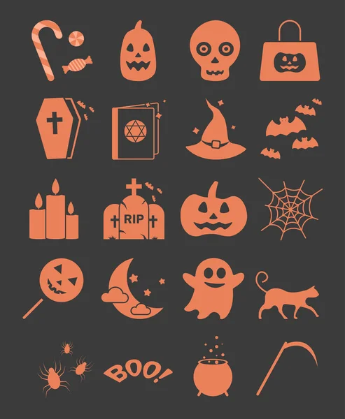 Halloween Narancs Ikon Fekete Háttérben Pók Mágikus Kalap Fekete Macska — Stock Vector