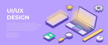 UI UX tasarım iniş sayfası. Web tasarımı. Bir mobil ve laptop UI, UX uygulaması için kullanıcı arayüzü sahnelerinin tasarımcısı, yaratıcısı. Kullanıcı deneyimi konsept vektör izometrik illüstrasyonu.