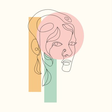 Kadın tek sıra halinde. El çizimi konsepti. Soyut geometrik şekil arkaplanı. Bir satır sanat eseri. Vektör çizimleri tasarımı