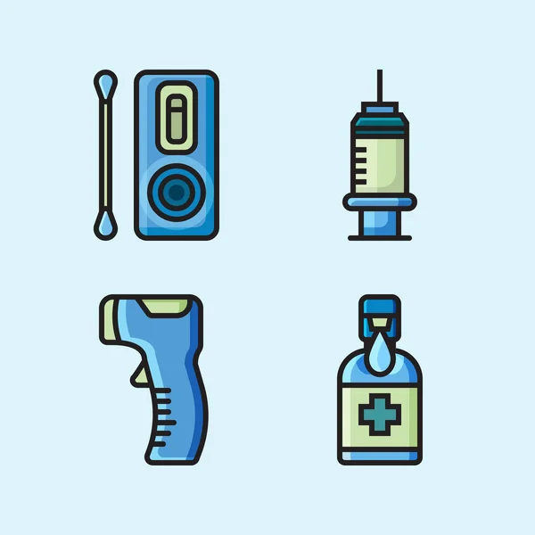 Coronavirus Icon Set Antigen Test Kit Syring Forehead Thermometer Alcohol — Stock Vector