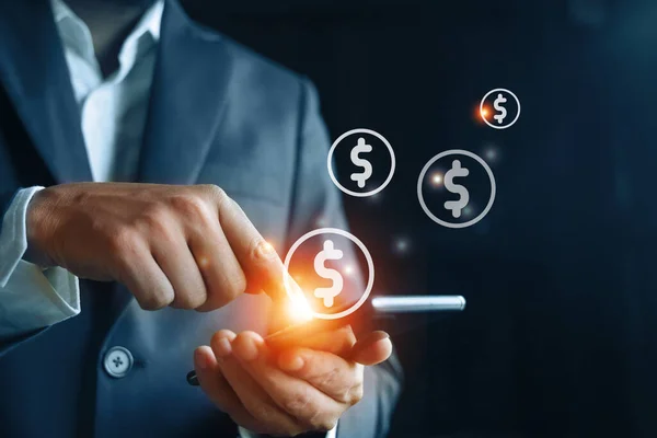 Businessman Touching Smartphone Screen Technology Digital Concept Financial Icon — Stockfoto