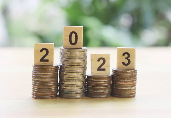 2023 numaralı tahtadan para yığını. 2023 yılı için tasarruf planı..