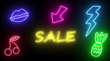 Satış metniyle yanıp sönen neon ışığı. Parlak reklam afişi.