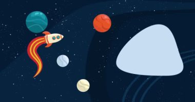 Uzayda uçan bir roket, gezegenler ve mesaj kutusu olan video animasyonu. Sunum için şablon.